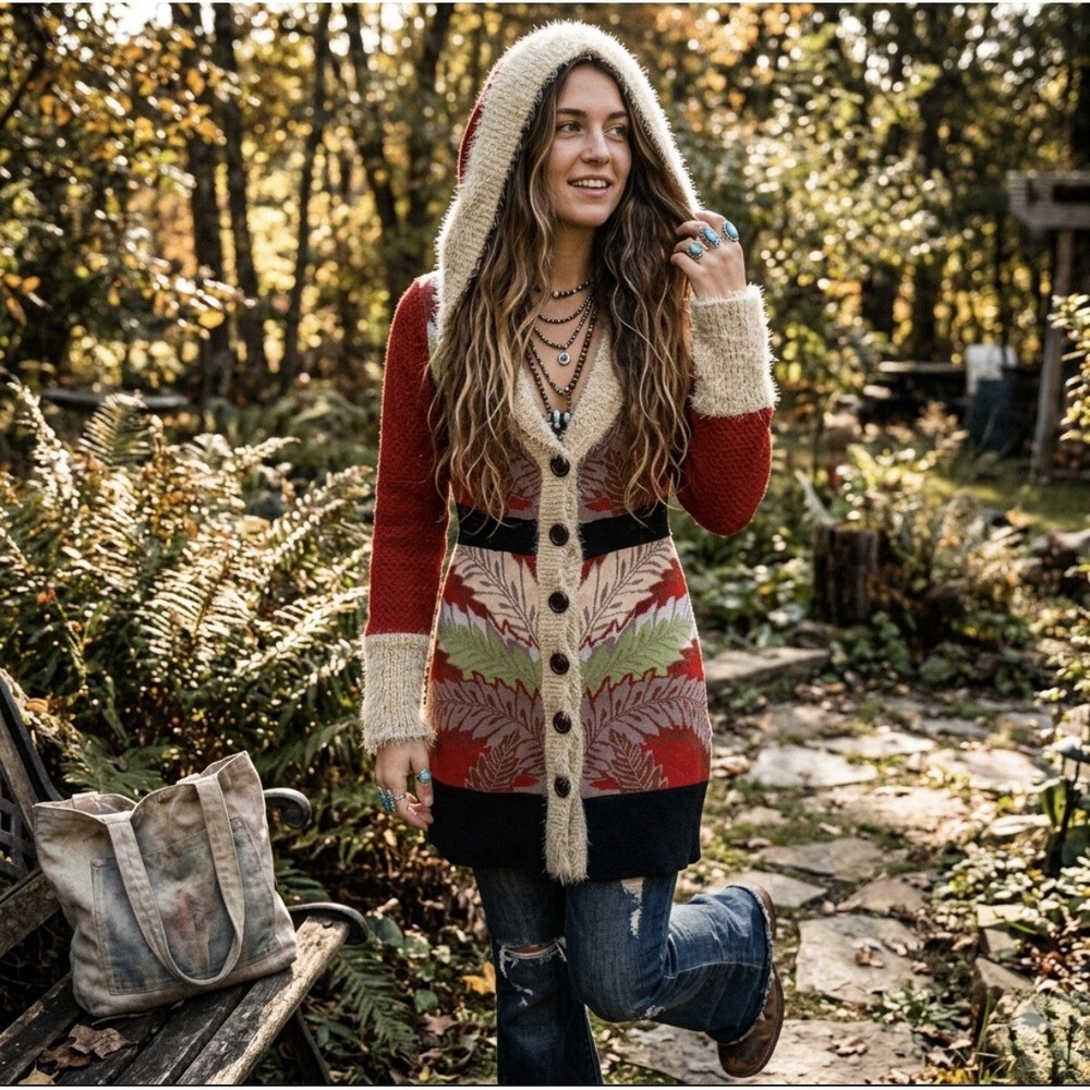Anthropologie Lia Molly New Orleans Holiday Fern Hooded Cardigan XS Boho Artsy - Picture 14 of 14